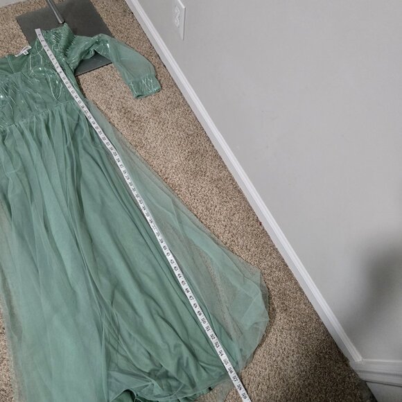 Sz 2XL (US 12) Ever Pretty Light Green Tulle Long-Sleeve Plunge Gown w Sequins - Picture 10 of 10